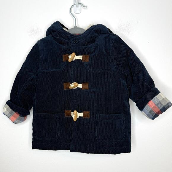 Baby Boden Other - Baby Boden Boys Corduroy Plaid Hooded Jacket Coat In Navy Size 6-12 Months